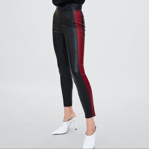 ZARA Faux Leather Leggings with Red Side Stripe